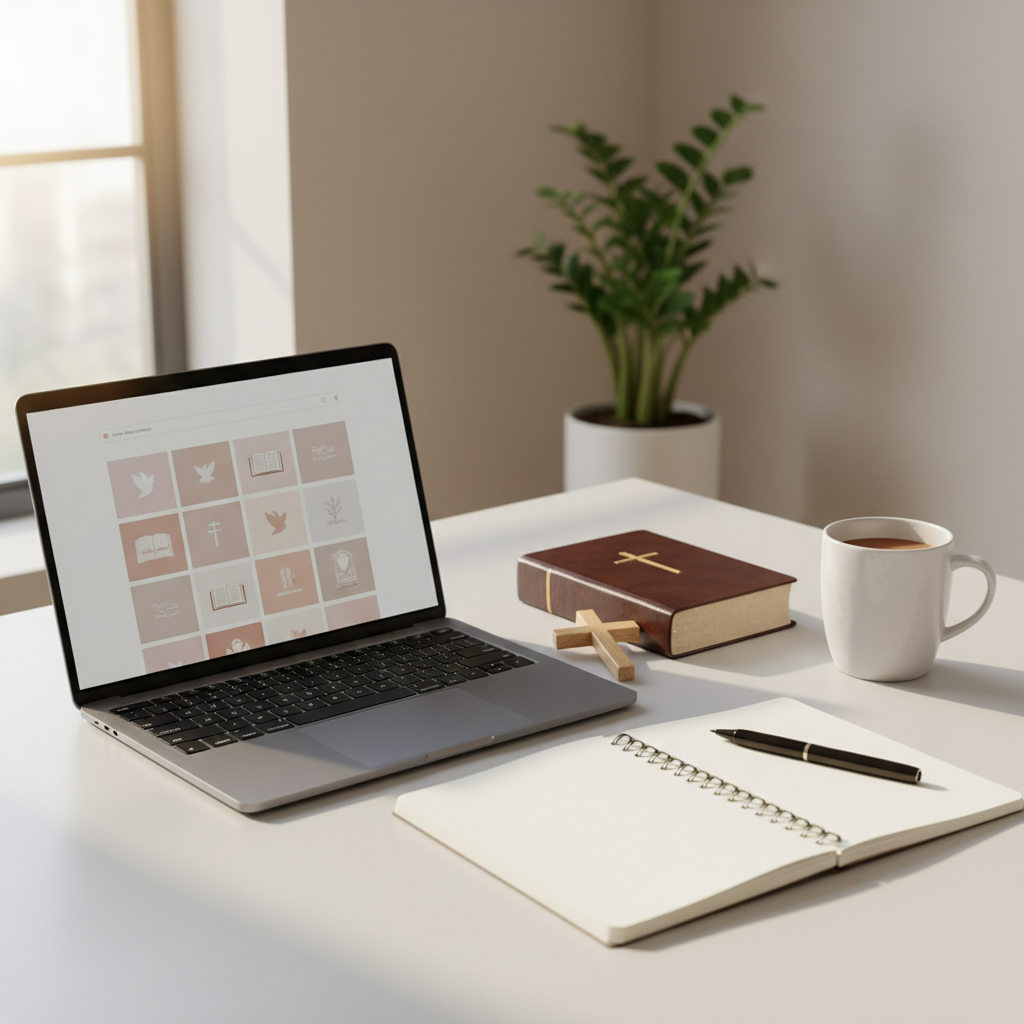 A modern, uncluttered desk setup featuring a sleek laptop displaying an abstract, text-free thumbnail grid that hints at Bible study videos, framed by a closed leather Bible and a simple wooden cross. A spiral notebook lies open with blank, cream-colored pages, ready for notes, beside a glossy ceramic mug. Soft, diffused afternoon light enters from the left, creating gentle reflections on the laptop casing and subtle shadows beneath each object. The background shows a slightly blurred, neutral-toned wall with a minimalist plant, suggesting growth and life. Photographic realism, composed with the rule of thirds and a calm, professional mood, visually represents an online YouTube ministry that supports Scripture study and following the Holy Spirit in everyday life.